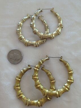 ​Title: Vintage 90s Bamboo Hoop Earrings Gold Tone Chunky Door Knockers, 2 pr